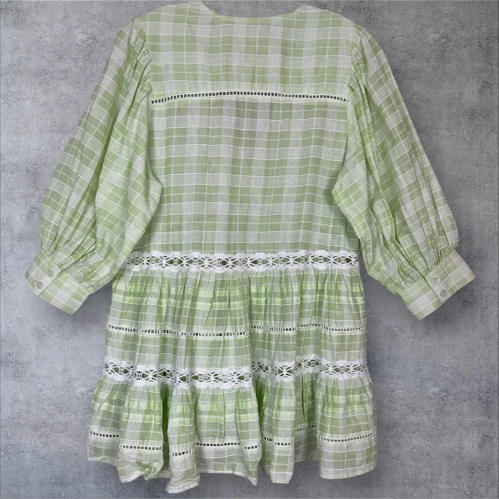 Free People Green Plaid Babydoll Tunic Mini Dress Womens S Oversized Tiered Boho
